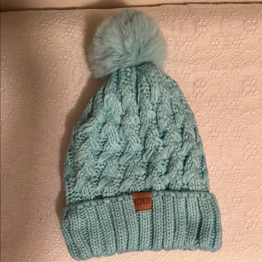 Redess  Light Blue green Knit Beanie with Pom Pom